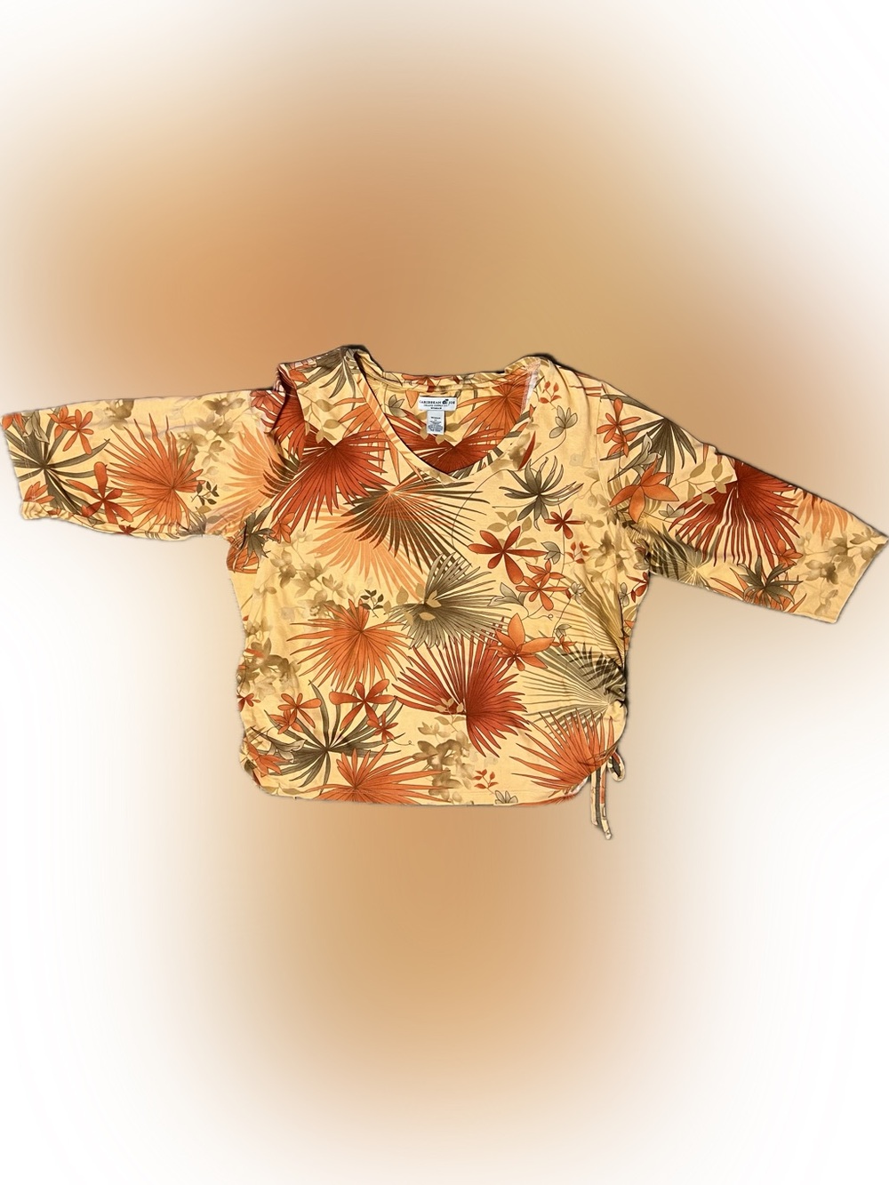 🍄 Women’s Caribbean Joe Floral V-Neck 3/4 Sleeve Top Shirt Blouse Tropical 1X
